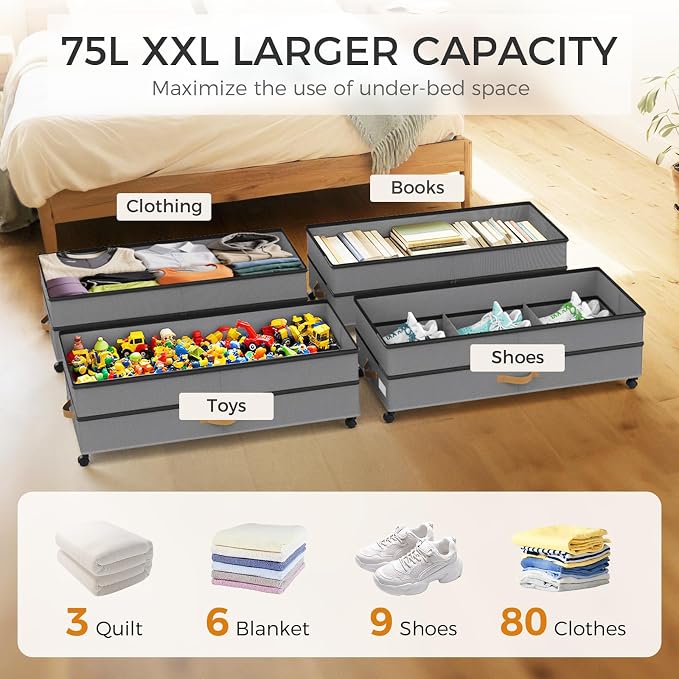 Under Bed Storage with Wheels 2-Pack, 75L XXL Under the Bed Storage Containers - Image 3