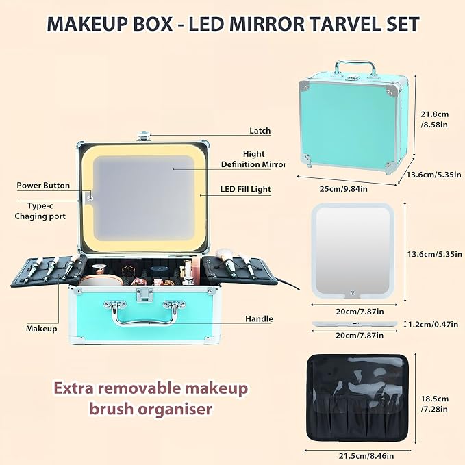 Makeup Organizer Box with Detachable Lighted Mirror, Travel Train Cosmetic Case - Image 4