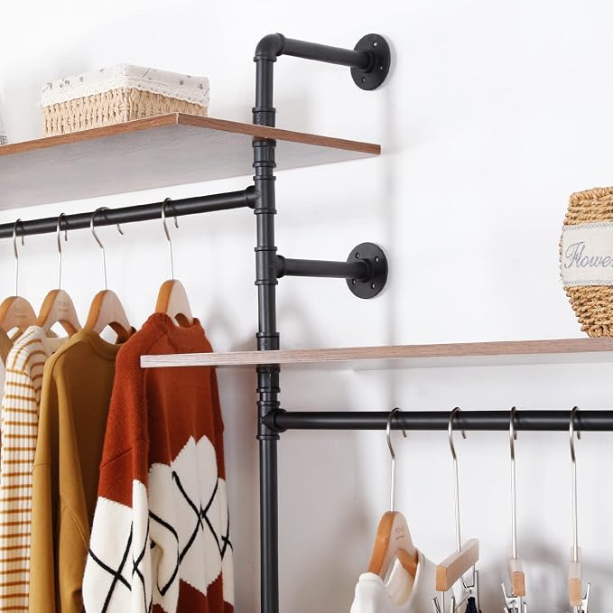 Industrial Iron Pipe Clothing Rack, 40inch Black Vintage Retro Shelving Wall - Image 4