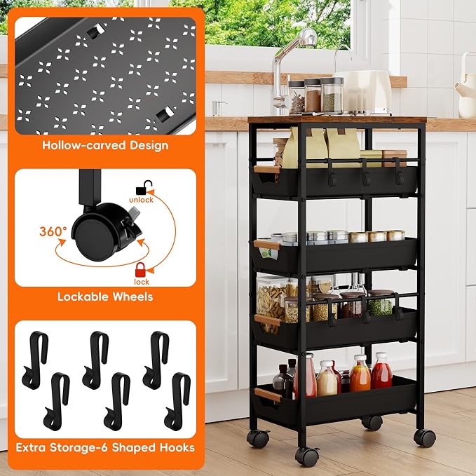 5-Tier Kitchen Storage Cart, Wood Top Rolling Cart Organizer - Image 6