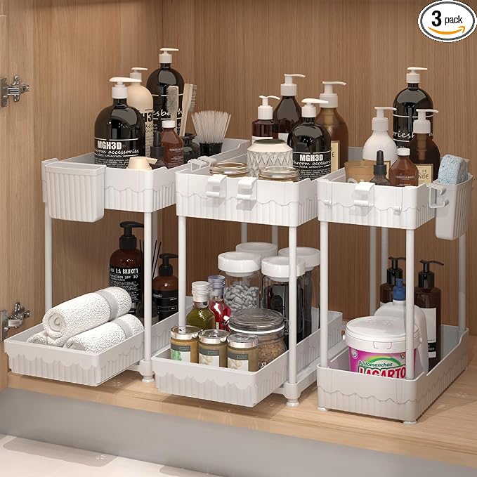 3 Pack Under Sink Organizers, 2-Tier Multi-Use Kitchen and Bathroom Organizers by Sevenblue