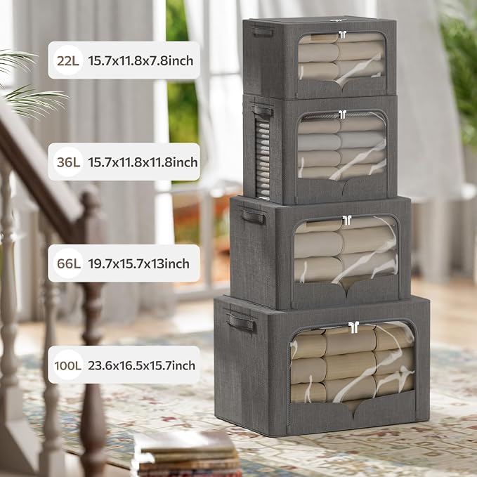 FHSQX 3 Pack Clothes Storage Bins Foldable Metal Frame Storage Box Stackable - Image 3