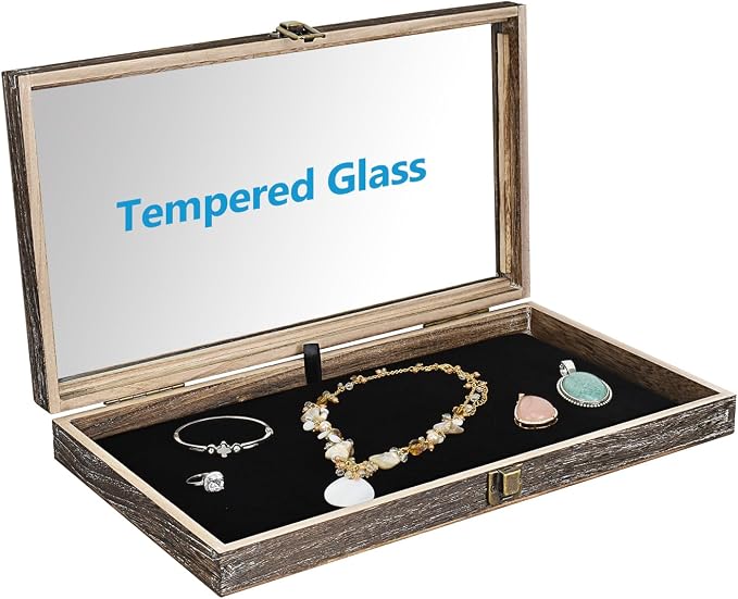 MOOCA Wooden Jewelry Display Case Tempered Glass Top Lid, Gemstone Display Case - Image 3
