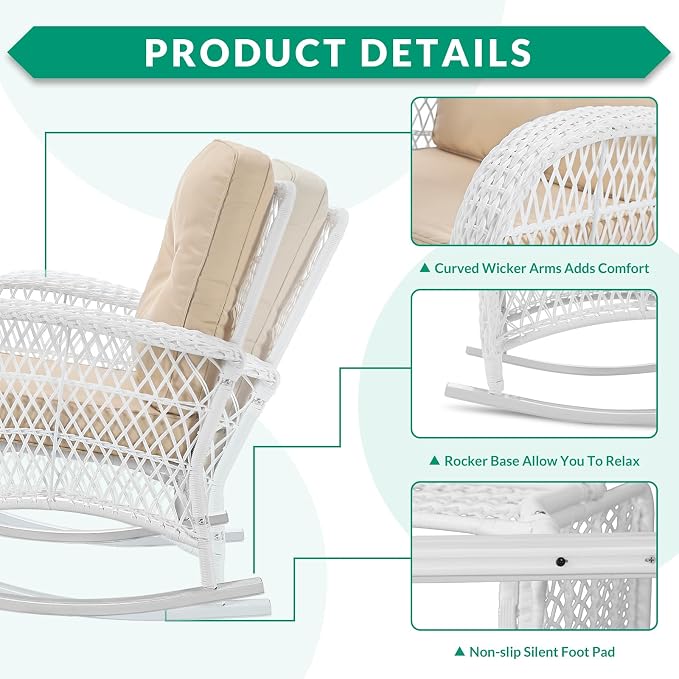 VIVIJASON Outdoor Wicker Rocking Chair, Patio Rattan Rocker Chair - Image 4