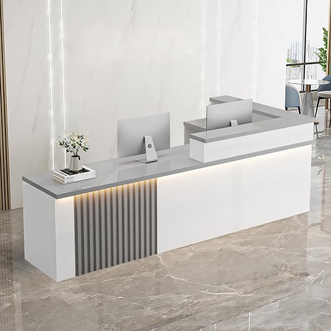 Receptionist Desk with LED Light，Wooden Salon Checkout Counter with Storage by Unknown