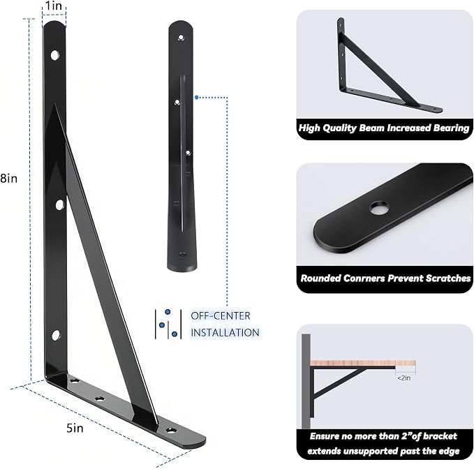 4 Pack L 8" x H 5" Heavy Duty Shelf Brackets - Image 2
