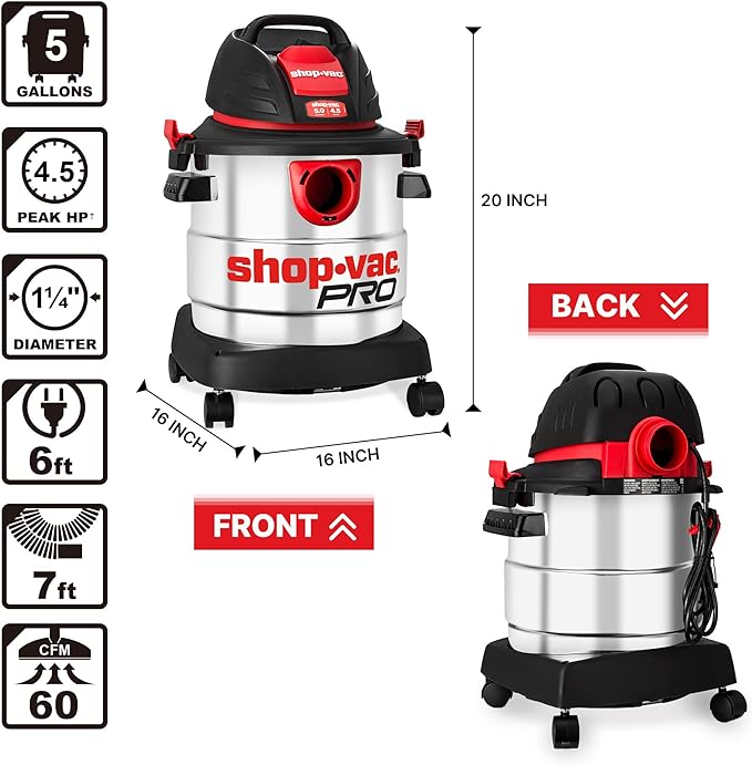 Shop-Vac 5 Gallon 4.5 Peak HP Wet/Dry Vacuum, Stainless Steel Tank, Portable - Image 5