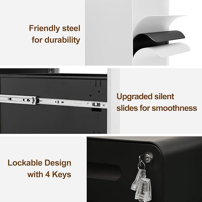 3 Drawer File Cabinet with Lock and 4 Keys, Mobile Metal Filing Cabinet - Image 4