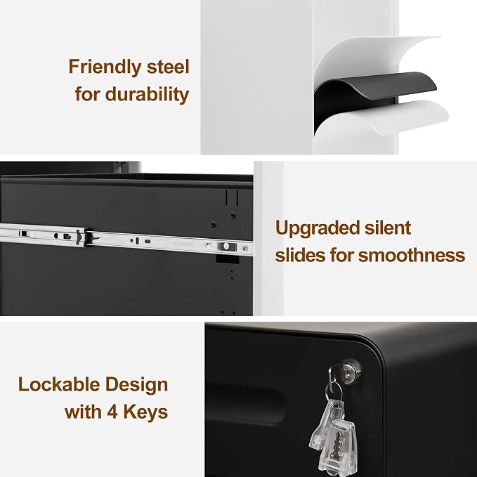 3 Drawer File Cabinet with Lock and 4 Keys, Mobile Metal Filing Cabinet - Image 5