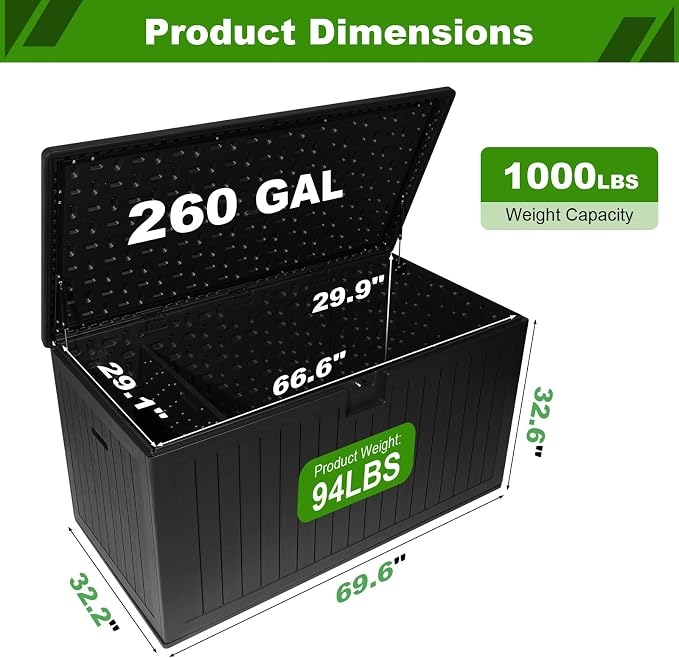 260 Gallon Outdoor Storage Box Waterproof, Extra Large Plastic Outside Deck Box - Image 2