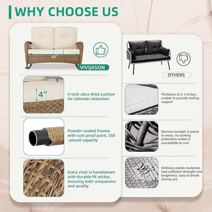VIVIJASON Outdoor Wicker Loveseat Rocking Chair - Image 4