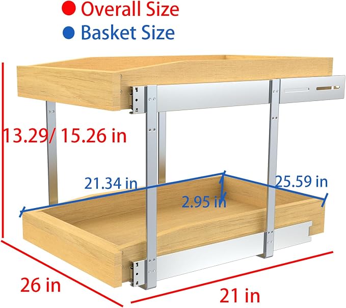 Wooden Soft Close Pull out Cabinet Organizer 26" D x 4.3" H, Heavy Duty Slide - Image 2