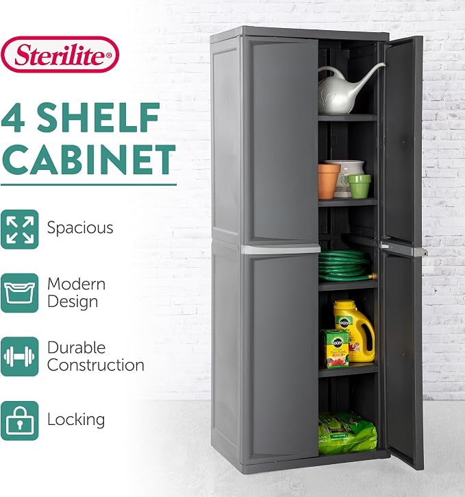 Sterilite 4 Shelf Cabinet, Lockable Utility Storage w/ Adjustable Shelves - Image 4