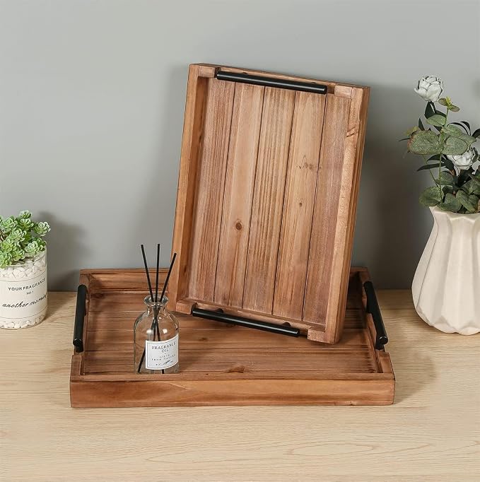 Coffee Table Tray Decorative Nested Vintage Wood Serving Tray Set - Image 4