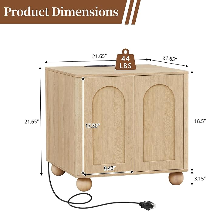 Bed Side Table with Charging Station, Mid Century Modern Nightstand with 2 Doors - Image 2
