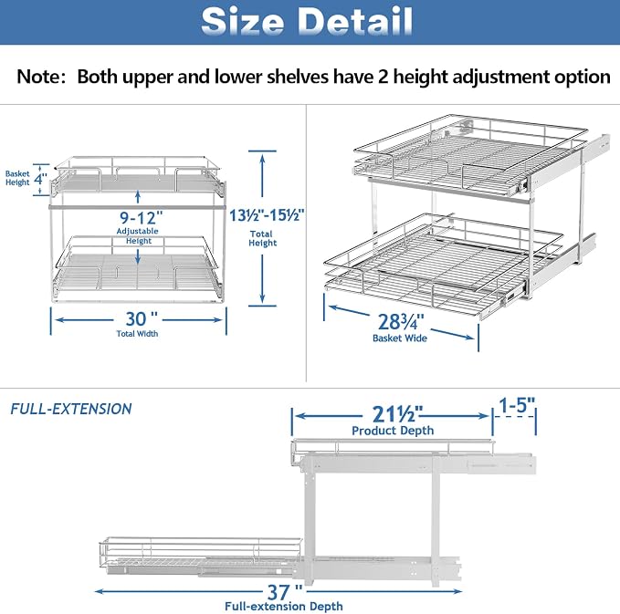 2 Tier Individual Pull Out Cabinet Organizer 30" W x 21½" D, Heavy Duty Cabinet - Image 3