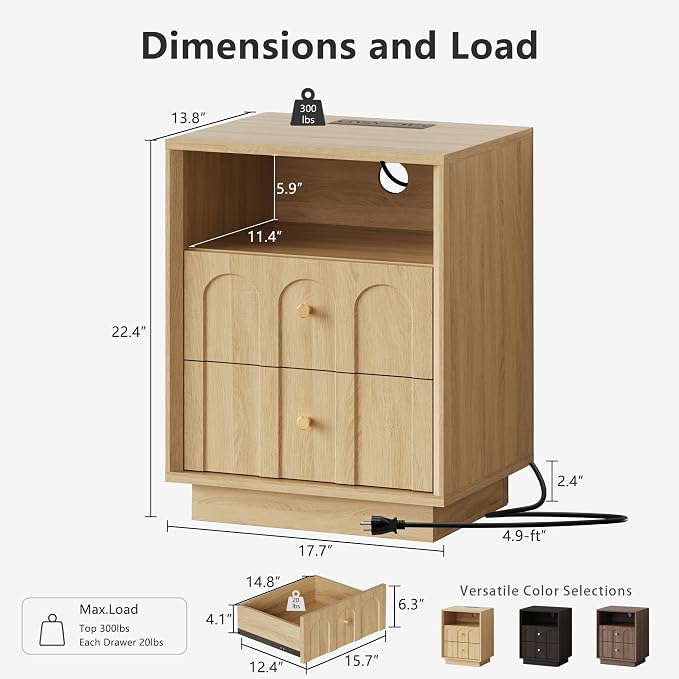 Nightstand Set of 2 with Charging Station, Mid Century Modern Nightstand with - Image 2