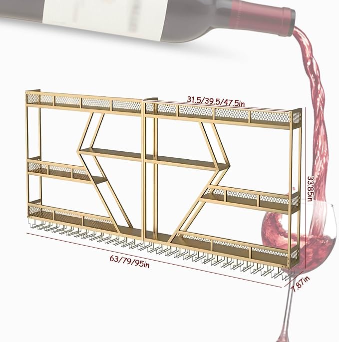 95in Wall Mounted Wine Rack, Large Metal Wine Bottle Holder, 3 Tier Modern - Image 2