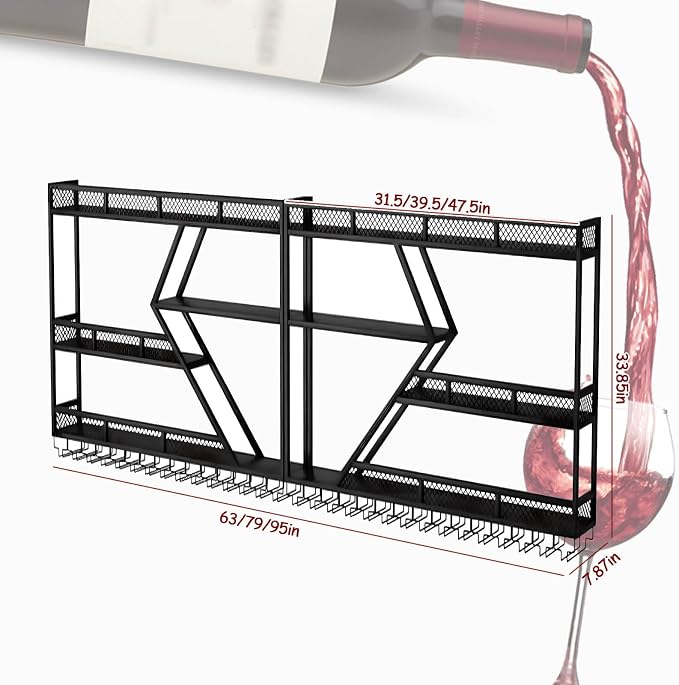 95in Wall Mounted Wine Rack, Large Metal Wine Bottle Holder, 3 Tier Modern - Image 2