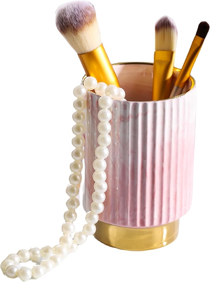 IEEK Pink and Gold Makeup Brush Holder Organizer, Glass Cosmetics Brushes Cup by IEEK