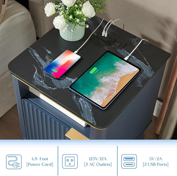 QUW Fluted Nightstands with Charging Station, Wooden Bedside Table with Faux - Image 4