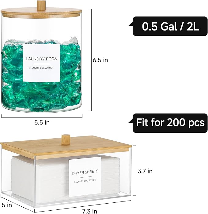 Glass Jars and Acrylic Dryer Sheet Holder, Laundry Pods Container - Image 3