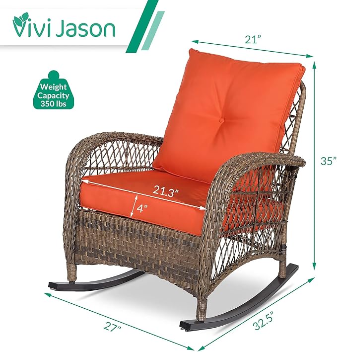 VIVIJASON 2 Piece Patio Wicker Rattan Rocker Chair, Outdoor Rattan Rocker Chair - Image 6