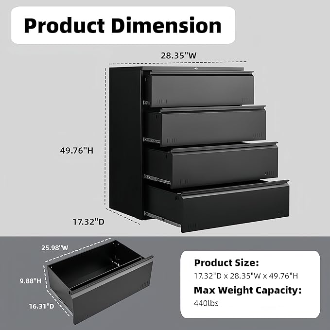 Metal File Cabinet with Lock, 4 Drawer Lateral File Cabinets - Image 2