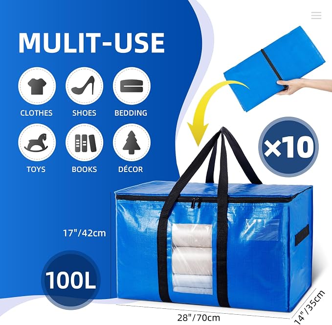 TAILI Extra Large Moving Bags, 10 Pack Blue Heavy Duty Totes - Image 2