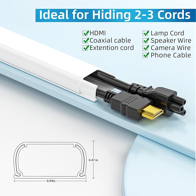 Yecaye 235in Wall Cord Hider for 2-3 Cords, On-Wall Cord Cover Channel - Image 2