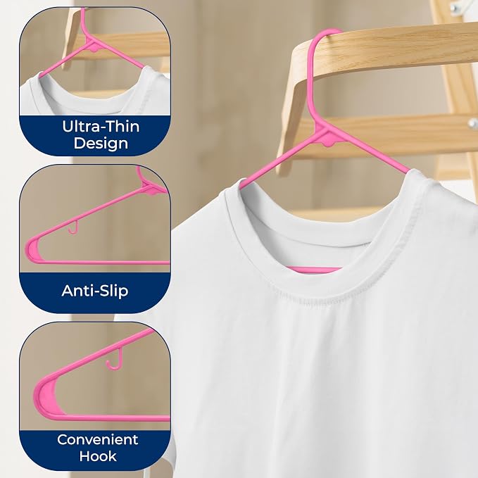 SereneLife 200 Pink Plastic Hangers Non-Slip Heavy Duty Coat and Clothes Hanger - Image 5