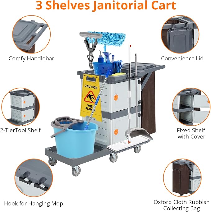 Commercial Janitorial Cart, 3-Shelf Housekeeping Cleaning Cart - Image 3