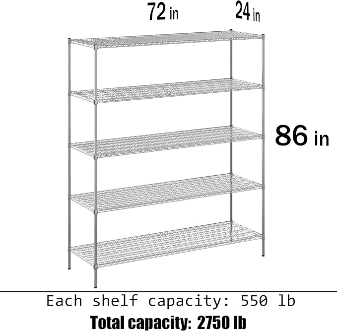 24" Deep x 72" Wide x 86" Height Wire Shelving Kit | 5-Tier | NSF Commercial - Image 3