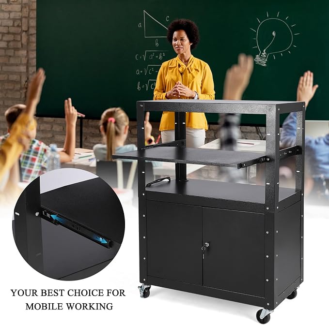 Garvee Mobile AV Cart with Lockable Cabinet, Adjustable Height Laptop Stand - Image 3
