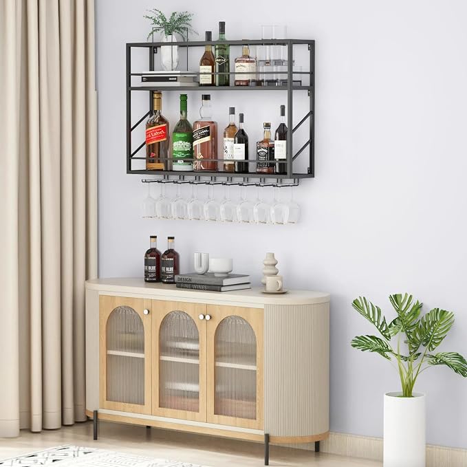 Wall Mounted Wine Rack with Glass Holder, 2-Tier Multi-Functional Shelf - Image 3