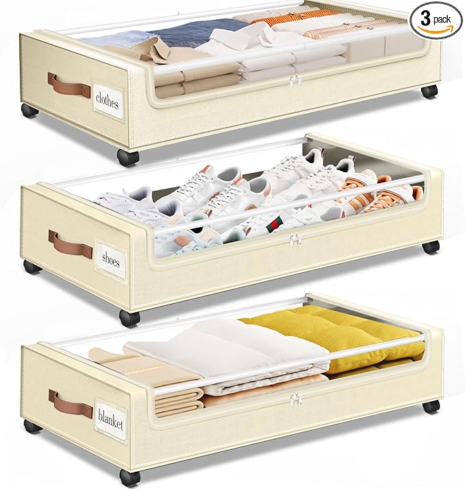Under Bed Storage with Wheels 3Pack Underbed Storage with Clear Window&Label by SpaceHacks