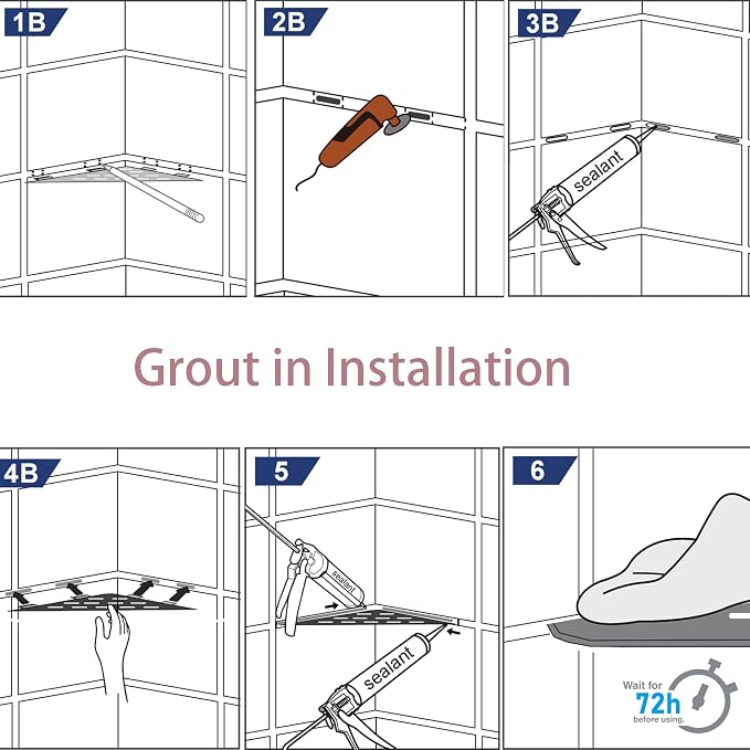 Grout in Shower Shelves with Hooks, 304 Stainless Steel Corner Bathroom Shelf - Image 5