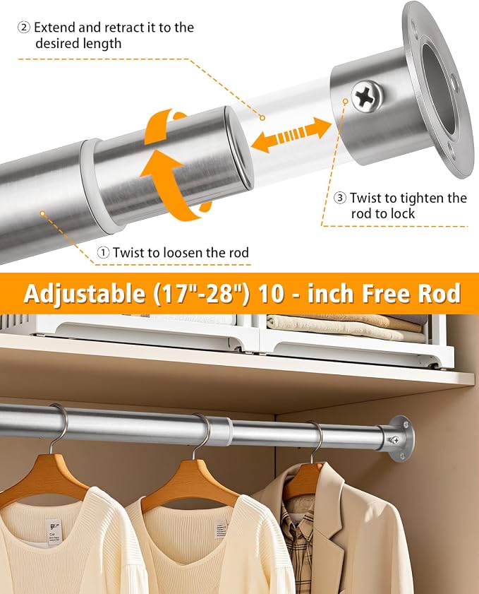 Closet Rods for Hanging Clothes, 17-64 Inch Heavy Duty and Stepless Adjustable - Image 4