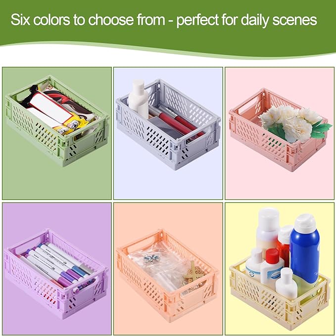 6-Pack Small Pastel Plastic Storage Baskets, Collapsible Crates - Image 2