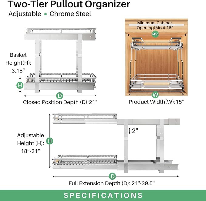 Pull out Cabinet Organizer, 2 Tiers 15"W X 21"D, Heavy Duty Smooth Sliding - Image 3