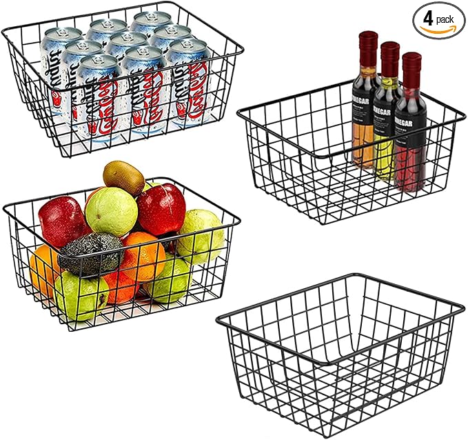 Wire Baskets for Organizing, 4 Pack Household Pantry Basket Black Metal Storage by LOSYHU