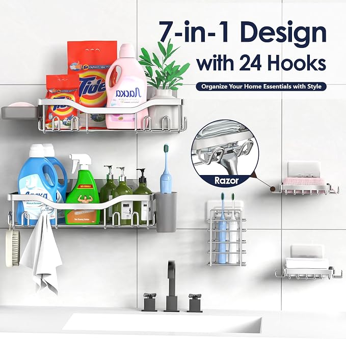 Shower Caddy Adhesive Shower Organizer 7-Pack, Rustproof Stainless Steel - Image 4
