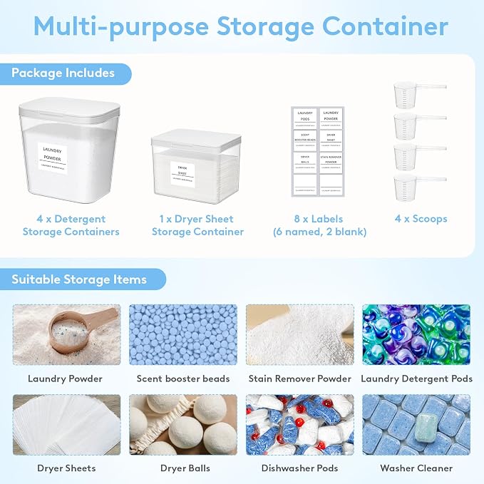 Lifewit 4+1 Laundry Pods Container & Dryer Sheet Holder, Large Powder Detergent - Image 5