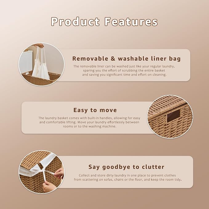 Laundry Hamper with Lid and Removable Liner Bag, Handwoven Rattan Clothes - Image 3