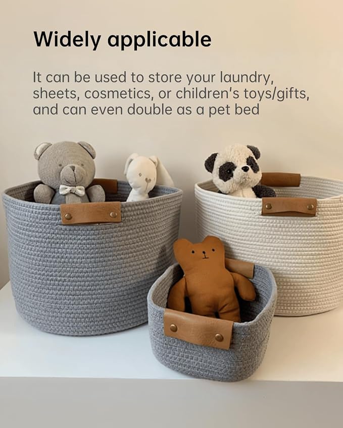 Small Cotton Woven Basket with PU Leather Handle, Baby Kids Clothes Toys Candy - Image 6