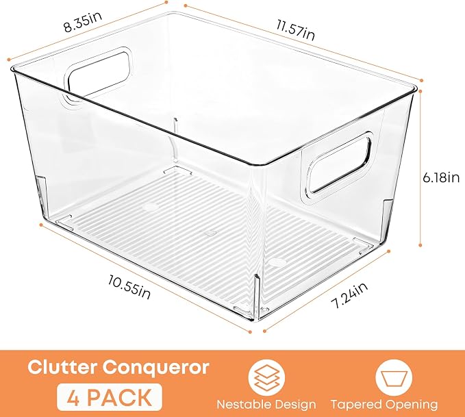 MOONEDGE 4 Pcs Clear Plastic Storage Bins, Durable Pantry Organizer - Image 6