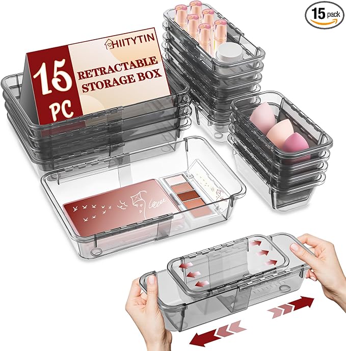 15 Pcs Extendable Clear Drawer Organizer, All Adjustable Vanity Storage Box by Hiitytin