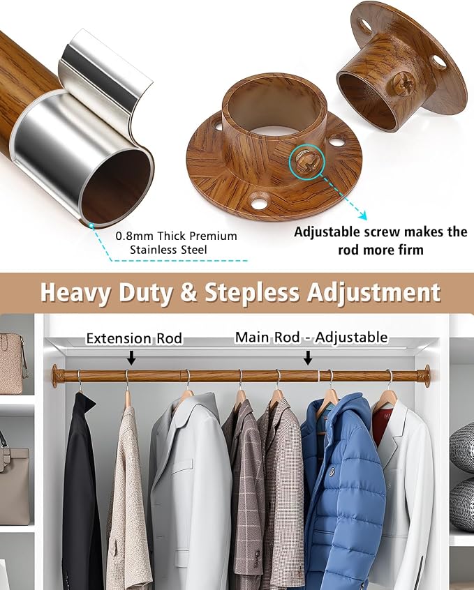Closet Rods for Hanging Clothes, 17-52 Inch Heavy Duty and Stepless Adjustable - Image 3