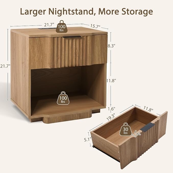 Yechen Fluted Nightstand with 20W Fast Charging Station - Image 2
