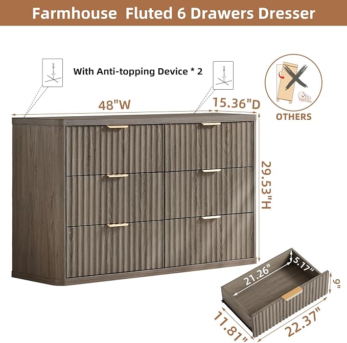 LEYAOYAO Fluted 6 Drawers Dresser, Curved Profile Design, Dresser TV Stand - Image 2
